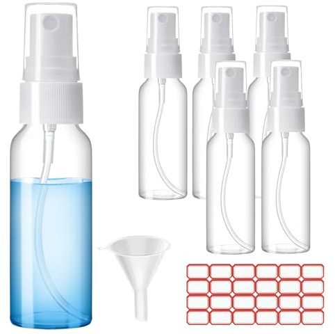 Zoizocp Spray Bottles, 2oz/50ml Clear Empty Fine Mist Plastic Mini Travel Bottle Set, Small Refillable Liquid Containers with 2pcs Funnels and 24pcs Labels (6 Pack)