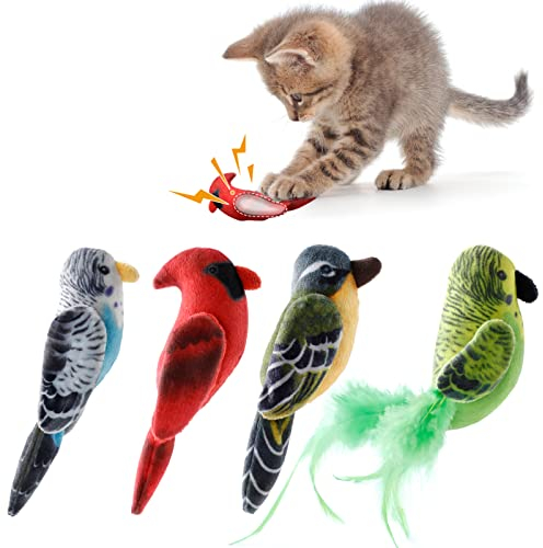 Dorakitten Katzenminze Spielzeug Katze Spielzeug Interaktives 4 Stück Niedlich Pluesch Lebensecht Vogelform Katzenspielzeug Kauspielzeug Set mit Katzensoundpapier mit Federn Minze Kissen für Katze (A)