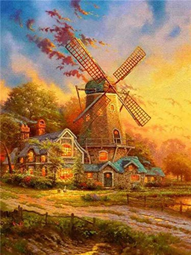 HNDXLHH Diamond Painting Villa Windmühle Diamant Painting Bilder Erwachsene DIY Cross Stitch Stickerei Kristall 5d Diamant Painting Set Full Drill Stickerei Kunsthandwerk Home Decor 30X40CM