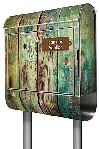 banjado® Briefkasten mit Standfuß personalisiert Motiv Grünes Holz - Stand Briefkasten Edelstahl mit Zeitungsfach - Postbox/Postkasten A4 Einwurf inkl. Montagematerial & 2 Schlüssel
