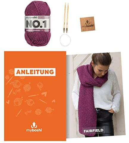 myboshi Strickset Schal Fairfield, Strickset für Anfänger, inkl. No.1 Wolle, Nadel und Anleitung, Strickpaket, 30% Merinowolle Lila, mit Rundstricknadel