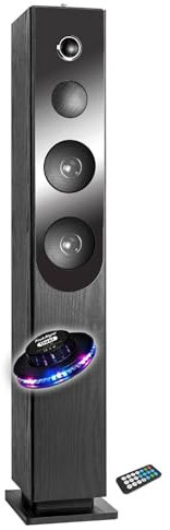 gef-roy Enceinte Colonne Blacktower, avec Lecteur CD, Bluetooth, FM et USB, 100W, télécommande, Jeu de lumière OVNI LED