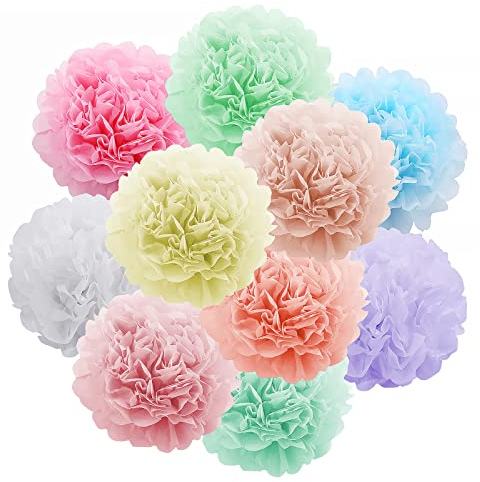 10pcs Multicolour Hanging Tissue Paper Pom Poms, Paper Flowers Ball Garlands Pompoms for Party Wedding Birthday Christmas Festival Decorations Room Decor Party Supplies