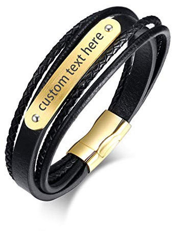 OIDEA Herren Armband, aus geflochtene Echtleder Edelstahl für Mann Jungen, Personalisiert Gold
