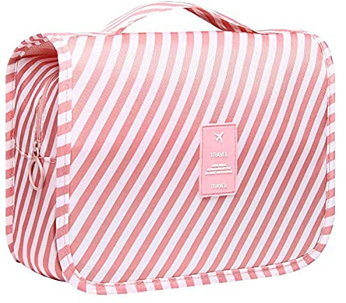 Travel Toiletry Bag, Hanging Toiletries Wash Bag Makeup Cosmetic Organizer Bags for Women Girls Kids Waterproof Foldable (Pink Stripes)