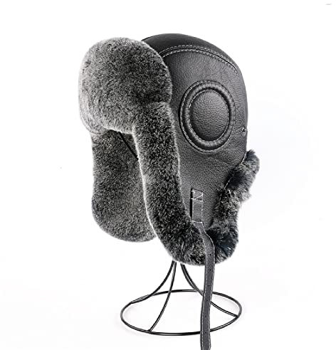 Ciamlir Russische Mütze Winter Herren Bombermütze Uschanka Mütze Trapper Russe Skimützen Mützen Leder, Black Frost, Einheitsgröße