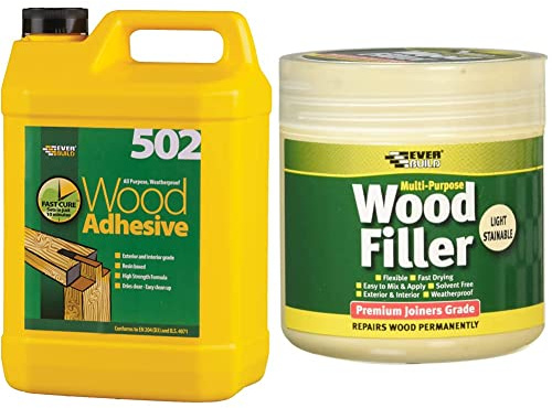 Everbuild 502 All Purpose Waterproof PVA Based Wood Adhesive - 5 Litre & EVBMPWFLS250 Multi-Purpose Wood Filler, Light Stainable, 250 ml