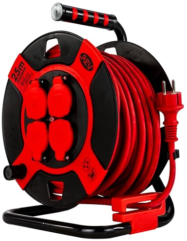 REV Kabeltrumma EX, 25 m, H07RN, IP44, 3 000 W, förlängningskabel, utomhus, 4 skyddande kontaktuttag, röd