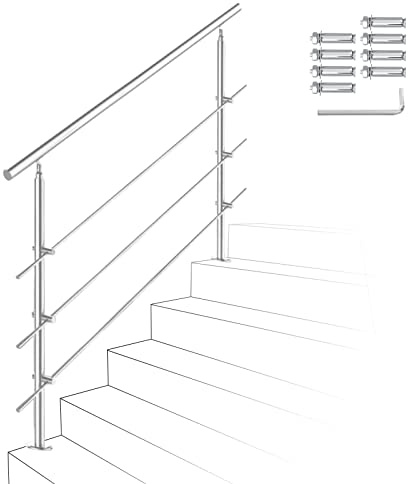 Ikodm Geländer Edelstahl Handlauf Treppengeländer 150 cm，mit 3 Querstreben und Zubehör, für Treppenhaus innen, Balkon, Hauseingang