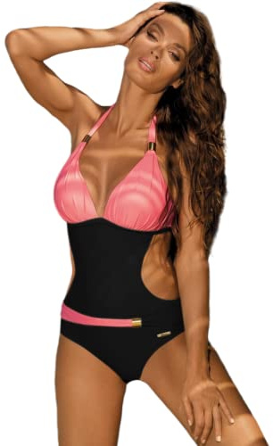 JFAN Mujer Traje de Una Pieza V-Cuello Top Halter Bikini Push Up Ropa de Baño Bloque de Color Retro Corte Alto Monokini Negro L