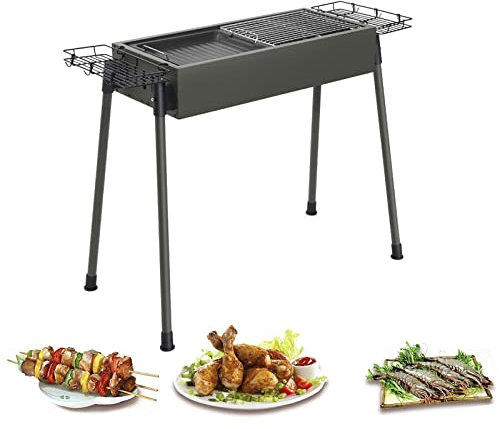 PJDDP Tragbarer Klappbarer Holzkohlegrill mit Bratpfanne und Ablageflächen, Grill BBQ aus Edelstahl, Abnehmbarer Standgrill für 5-8 Personen Outdoor BBQ, Picknick, Garten, Camping und Party