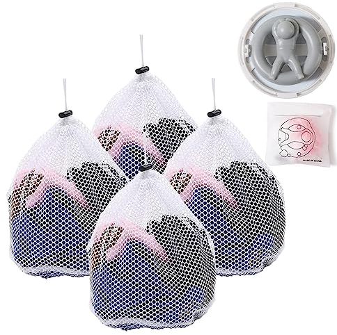 Mollyfox 4 Wäschenetze+1 Filterbeutel (mit 20 auswechselbaren Filterbeuteln), Wäschesack Wäschebeutel Waschmaschine mit Kordelstopper Wiederverwendbare Groß Netzbeutel für Wäsche/Schutz/Waschnetz
