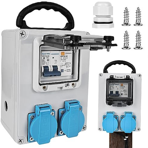 Distributore di corrente da costruzione, 250 V, 2P: distributore a parete con interruttore di protezione FI 32 A, scatola di distribuzione IP67, presa impermeabile, 2 x 16 A, IP44, impermeabile per