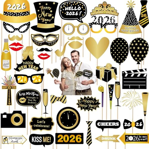 LMSHOWOWO Silvester Deko 2025, 46PCS 2025 Neujahr Foto Requisiten, Silvester Photo Booth Props, Fotorequisiten Fotoaccessoires, Verkleidung Party Zubehör für Erwachsene Silvester Party Dekoration