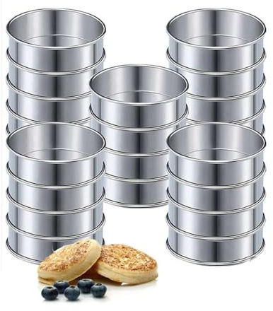 Exogio 20 Pack Cercle Tartelette Antiadhésifs, Cercle a Patisserie 10cm, Moules à Muffins en Acier Inoxy, Anneaux à Gâteaux, Cercles à Double Roulés pour Muffins Mousse Tartes Gâteaux Crumpets