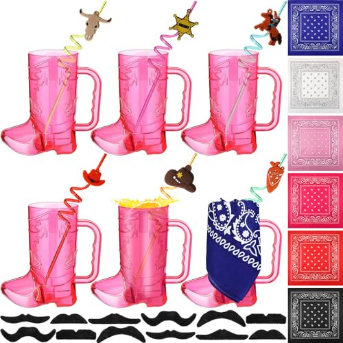 Sliner 30 Pcs Cowboy Party Favors Include 6 20 oz Cowboy Boot Mug Cup 6 Cowgirl Plastic Straws 6 Paisley Bandanas 12 Fake Mustaches for Western Theme Birthday Party Decorations Supplies(Sweet Color)