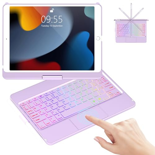 Custodia con Tastiera per iPad 9a/8a/7a Gen 10.2, Bluetooth Tastiera iPad 9 Generazione con 7 Colori di Retroilluminazione & Touchpad, 360° Flip Cover Rigida Custodia con Auto Sleep/Wake (Viola)