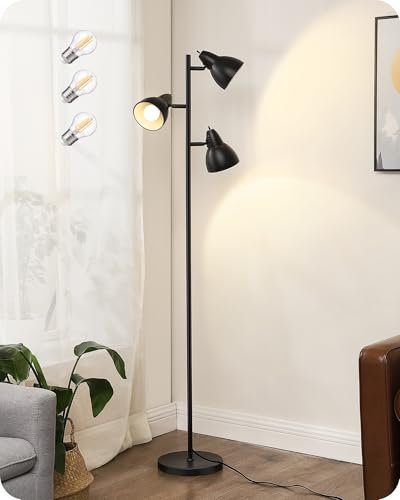 EDISHINE Lampada da Terra per Soggiorno, 3 Paralumi Regolabili in Metallo, Stile Vintage con Interruttore Individuale, per Soggiorno, Camera da Letto e Ufficio, 163 cm, Nero (lampadina fornita)