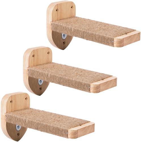 COOLEX 3pcs Cat Wall Steps, Climbing Mounted Furniture, Shelves With Hemp Rope Covered, Solid Wood Ladder for Playing and Climbing (Large-Wood)