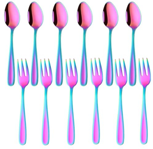 TEAHAHA Juego de 12,6 tenedores y 6 cucharillas de acero inoxidable de 5.4 pulgadas, para ensalada, aperitivos, pasteles, frutas (color arcoíris)