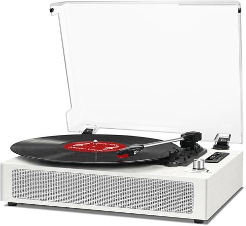 VinylsLink Record Player Bluetooth with Bulit-in Speaker Vintage Record Player with USB Recording EQ Mode Support Belt-Driven 3-Speed Turntable AUX-in RCA Out, White Wood