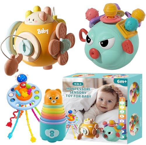 Elfew 4 in 1 Baby Spielzeug für 6 bis 12 Monate, Montessori Sensorisches Baby Spielzeug, Stapelspielzeug, Quetsch Bälle, Beißring, Geschenk für ab 6 9 12 Monate
