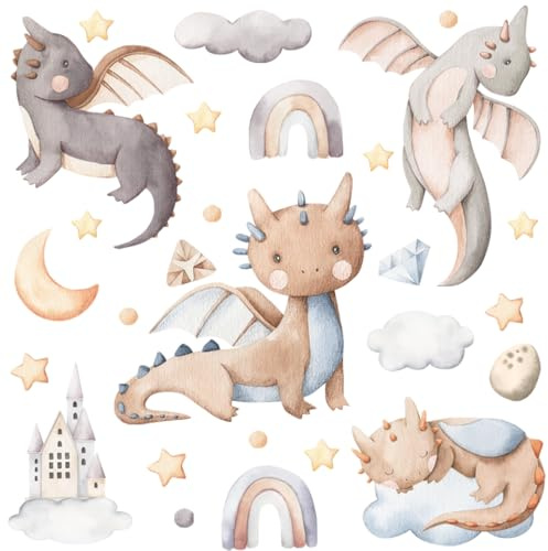 Wally Fox - Wandsticker Kinderzimmer - Wandtattoo Babyzimmer - Ungiftig, sicher, leistungsstark - Set - Drachen, Regenbogen, Sterne - Blau, Braun, Grau, Orange - 52,5x127cm