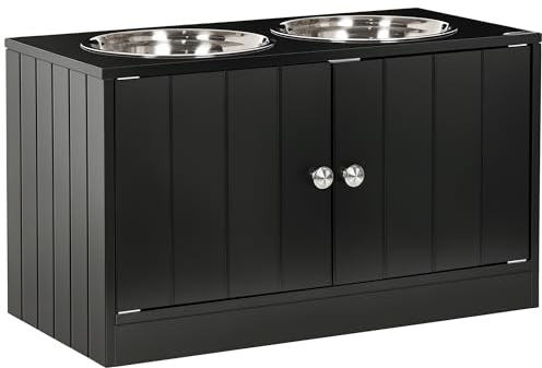 PawHut Erhöhter Hundenapf mit Stauraum für Große Hunde Katzen Schwarz | Futternapf, Wassernapf, 2 x 2000ml Edelstahlnäpfen, Fressnapf, Hundenäpfe, Futterstation, Futterbar