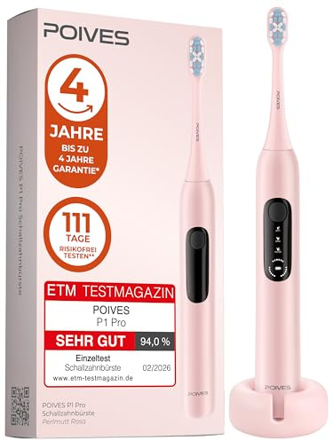 POIVES P1 Pro - Cepillo de dientes eléctrico con sensor de presión para una limpieza segura, potente cepillo de dientes sónico con motor Neoglide, batería de 60 días, Perlmutt Rosa