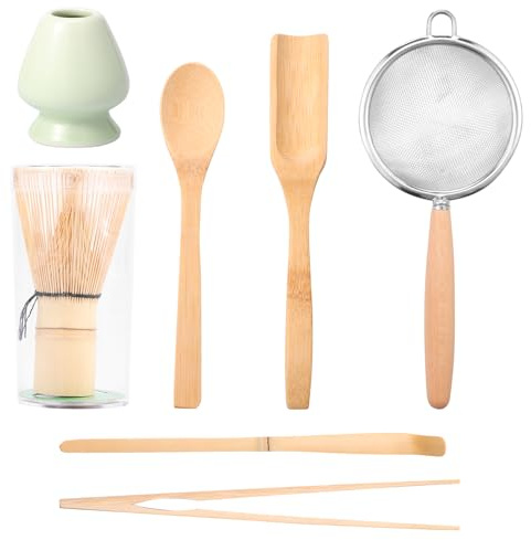 Lot de 7 balais à matcha avec accessoires pour matcha, cuillère, spatule à thé, fouet, porte-fouet, porte-fouet, clip pour filtre à matcha, whisky, matcha traditionnel, pour les amateurs de thé