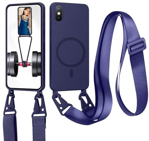 Handykette für iPhone X/iPhone XS Hülle mit Band Abnehmbar [Kompatibel mit Magsafe] Flüssig Silikon Necklace Handyhülle Magnetische Schutzhülle zum Umhängen Kordel für iPhone X/iPhone XS, Dunkelblau