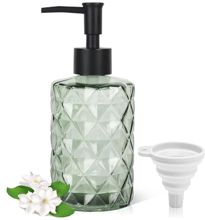 Glass Soap Dispenser with Pump and Funnel, 11 Oz/330 ml Washing up Liquid Dispenser, BPA Free Refillable Non-slip Pump Bottle for Shampoo, Shower Gel in Bathroom, Kitchen, Laundry Room, Hotel