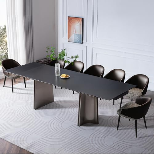 TimesGate Extendable Dining Table for 8-12 Seat, Flexible Stretch, Tabletop Made from Rock Plate and Tempered Glass, Stable Stainless Steel Brushed Table Legs, 35.4D x 106.3W x 30.7H, Pure Black