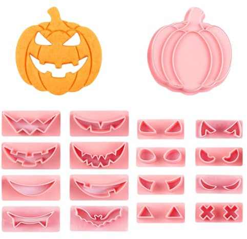 CharmBurst 17 Piezas Set de Moldes para Galletas de Halloween, Cortadores de Plástico con Caras de Calabaza, Moldes de Fondant para Galletas, Pasteles y Decoración, Accesorios de Repostería