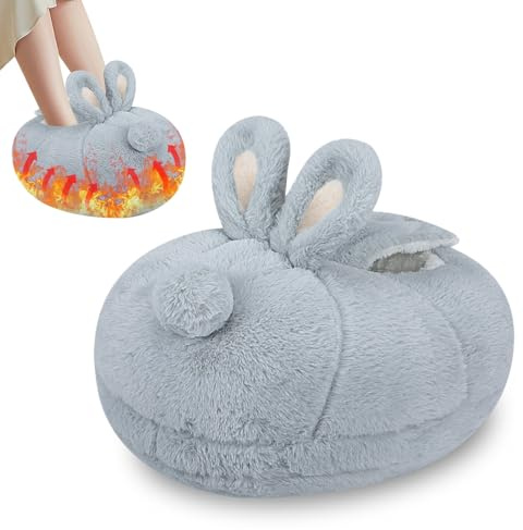 Scaldapiedi Elettrici, Victop Simpatico Coniglio Morbido USB Ricarica Piedi Scaldapiedi Antiscivolo Scarpe Riscaldate Rimovibili con 3 Impostazioni di Temperatura (Grigio)