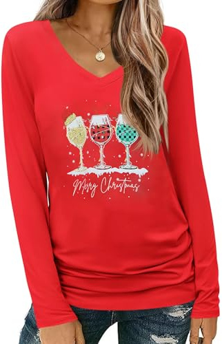 Cicy Bell Women's Christmas Shirts Long Sleeve V Neck Xmas Tree Tees Casual Basic Merry Christmas Holiday Tops