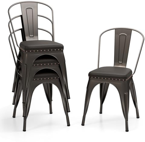 GIANTEX Juego de 4 Sillas de Comedor de Metal Apilables, Asiento Acolchado y Respaldo Desmontable, Carga hasta 150 kg, Sillas de Estilo Industrial para Restaurante, Cafetería, Bistró (Marrón)