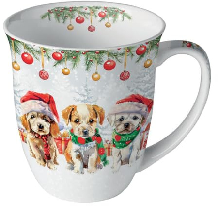 Ambiente Teetasse Kaffeetasse Henkelbecher Jumbotasse 400ml Hunde Welpen Advent Weihnachten Geschenktasse Fine Bone China Porzellan