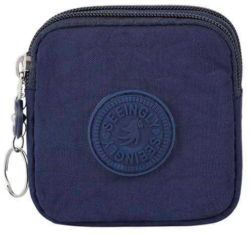 HYJMA Compact Coin Purse for Women, Waterproof Nylon Change Pouch with 2 Zipper Layers (Dark Blue)