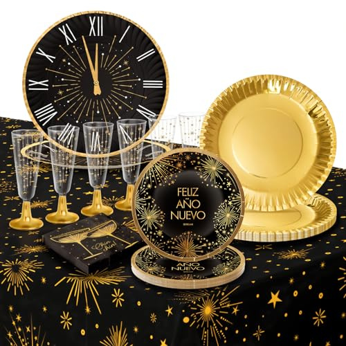OH YEAH - Kit Vajilla Desechable 12 Personas Nochevieja - 78 Piezas - Negro y Oro - Platos, Vasos y Servilletas Fin de Año - Decoración Mesa Festivas Happy New Year - Detalles Dorados Metalizados