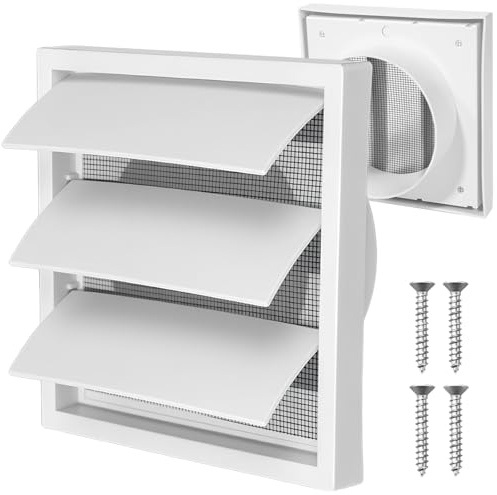 Vurixfo 100mm External Gravity Grille Air Vent Cover, White ABS Exhaust Vent Duct Cap Draught Shutter Covers with Flyscreen & Screws for Tumble Dryer Extractor Fan Bathroom Kitchen Garage