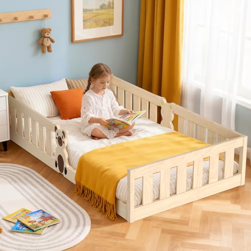 Ovshnrr Toddler Bed 200x90cm - Montessori Floor Bed in Wood Supports up to 100 kg with Safety Rail & Slatted Base - for Boys and Girls (Natural wood color 001)