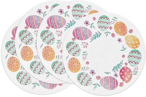 fanquare Tovagliette Pasquali in Lino Rotondo Lavabili 35x35cm,Set di 4 Tovaglietta da Tavola Uova Colorate e Fiori per Decorazioni Pasqua Casa e Cucina