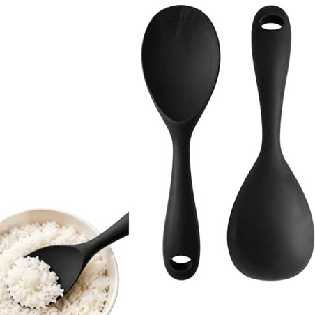 Cucchiaio da Portata in Silicone Set da 2 Nero, Cucchiaio da Riso Antiaderente e Antigraffio, Silicone Alimentare Senza BPA, Versatile per Purè di Patate e Riso Sushi, Facile da Pulire e Riporre