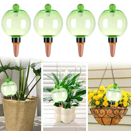 4 bolas de riego 500ml verde, riego automático para plantas con tapa | Tapas herméticas anti polvo,reutilizable,infiltración gradual,apto para flores,hortalizas,interior,balcón y jardín pequeño