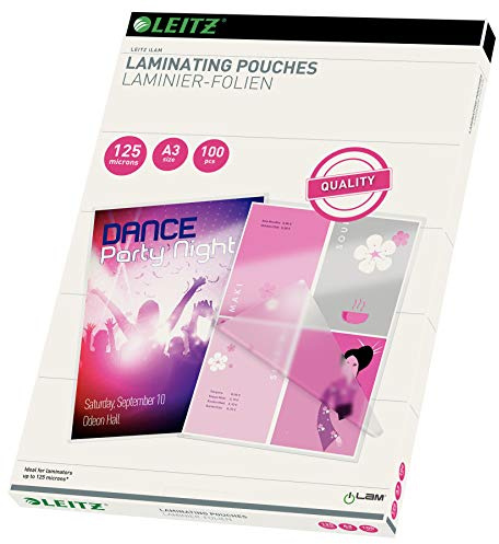 Leitz Heißlaminierfolien A3 125 mic, Hochwertige Laminierfolien im 100er Pack, mit abgerundeten Ecken, transparent, glänzend, ideal für Plakate und Zeichnungen, 33950