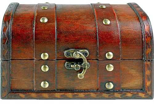 Brynnberg Kleine Schatztruhe 17x10x10cm Holztruhe Schatzkiste Vintage Look Antikes Design Piraten Schatzsuche Holz Rot Braun Schwarz - Schatztruhe Kindergeburtstag - Holzkiste Klein - Holzkästchen