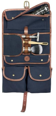 DRAKENSBERG Kulturbeutel 'Sid' zum Aufhängen, Herren, Damen, Faltbare rollbare Kulturtasche, Canvas, Leder, wasserabweisend - Marine-Blau, DR00196