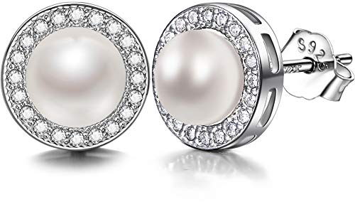 Lydreewam Ohrringe Perlen Damen 925 Sterling Silber Zirkonia mit 3A 6mm Natürliche Süßwasser Perle Ohrstecker