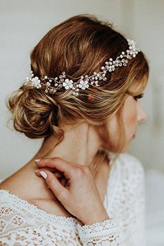 Kercisbeauty Wedding Bridal White Flower and Pearl Headband Vine Headpiece for Prom,Tiara(Rose Gold)